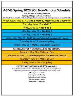AGMS Spring 2023 SOL Non-Writing Schedule (May 17- June 9, 2023)